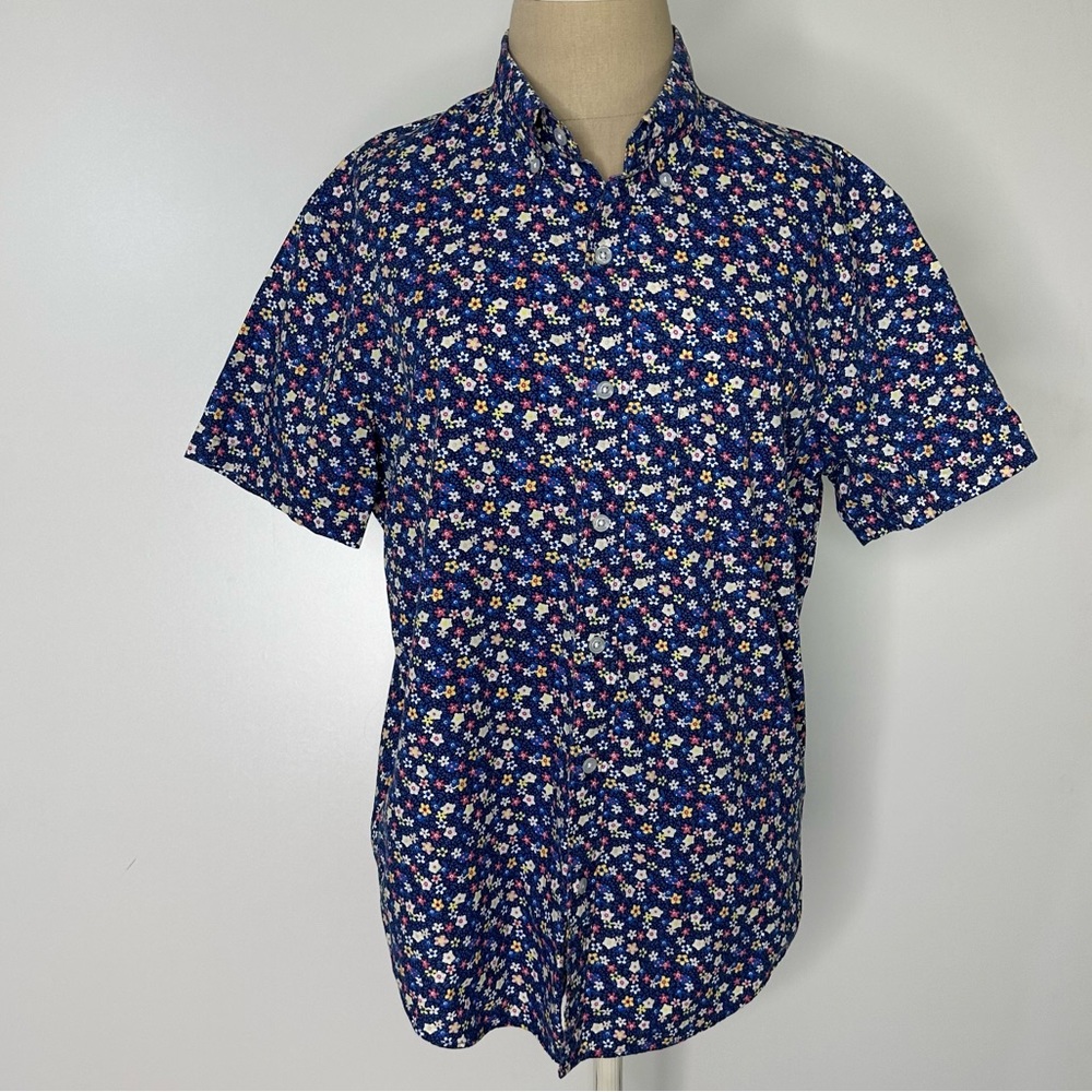 JCrew Flex Floral Short Sleeve Button Front Cotten Blend Shirt Sz M